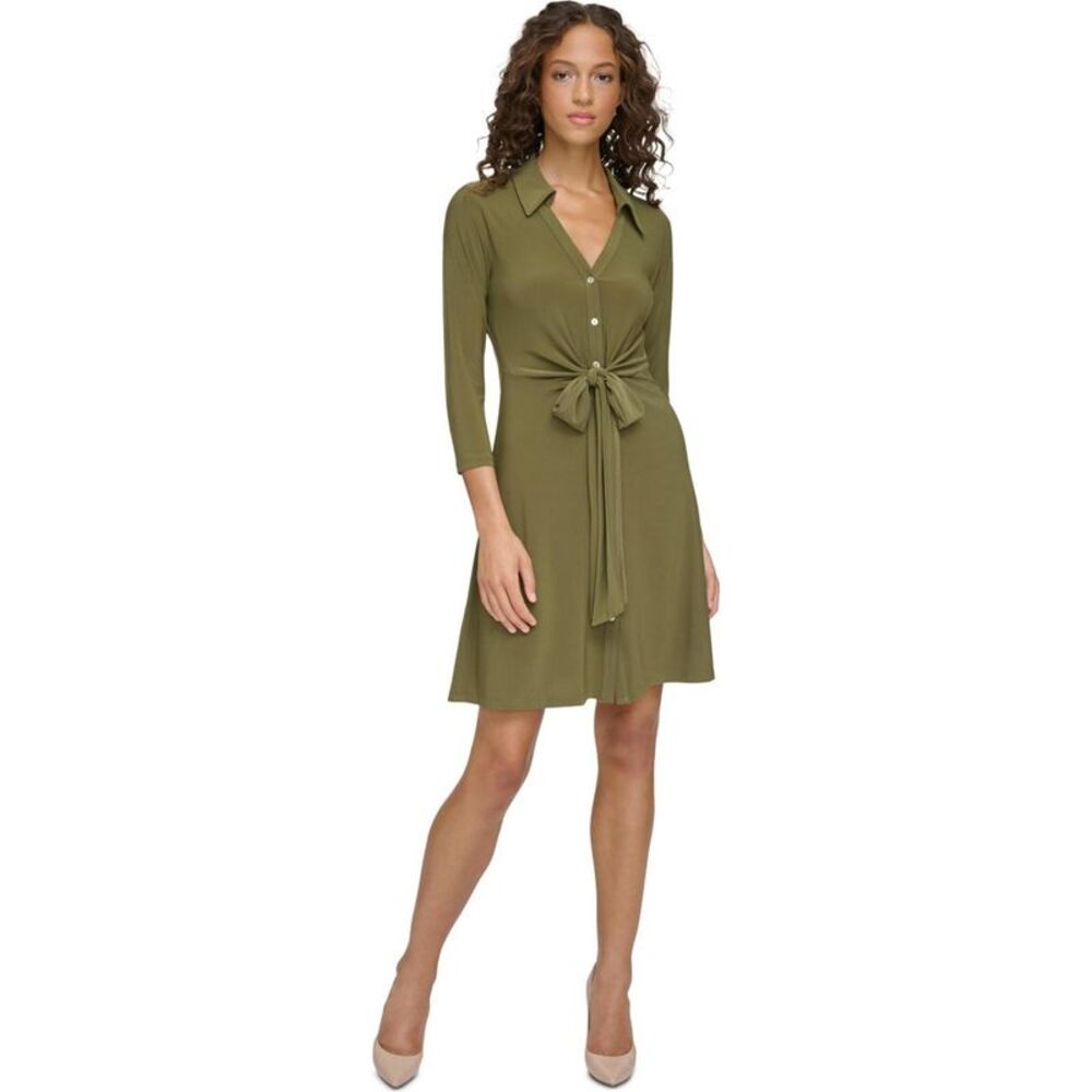 Tommy Hilfiger Womens Collared Tie Front Shirt Dress, Green, 8, DM - Picture 1 of 3